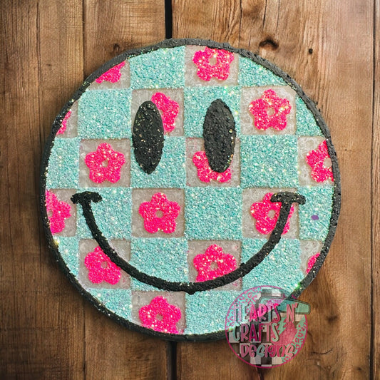 Checkered Smiley Flowers Car Freshie