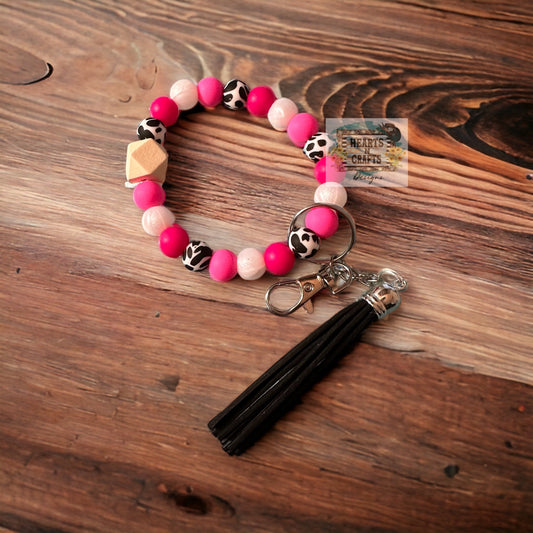 Pink & Cow Print Key Ring Wristlet